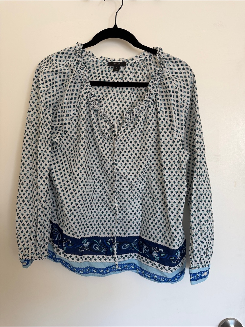 JCrew Blue & White Printed Peasant Blouse with Border Trim 100% cotton size M